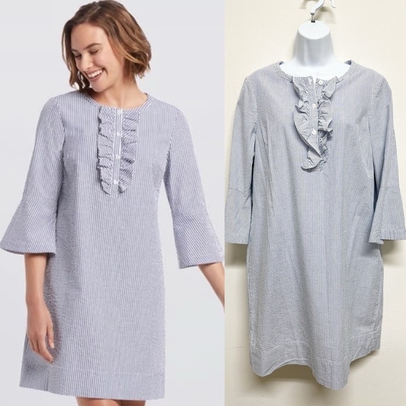Draper James Dresses & Skirts - Draper James Womens Blue White Seersucker Ruffle Sleeve Collar Shift Dress